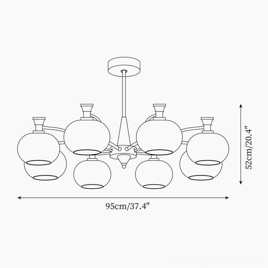 Cassia 8-head chandelier technical drawing orthographic view with 95cm diameter and 52cm height dimensions