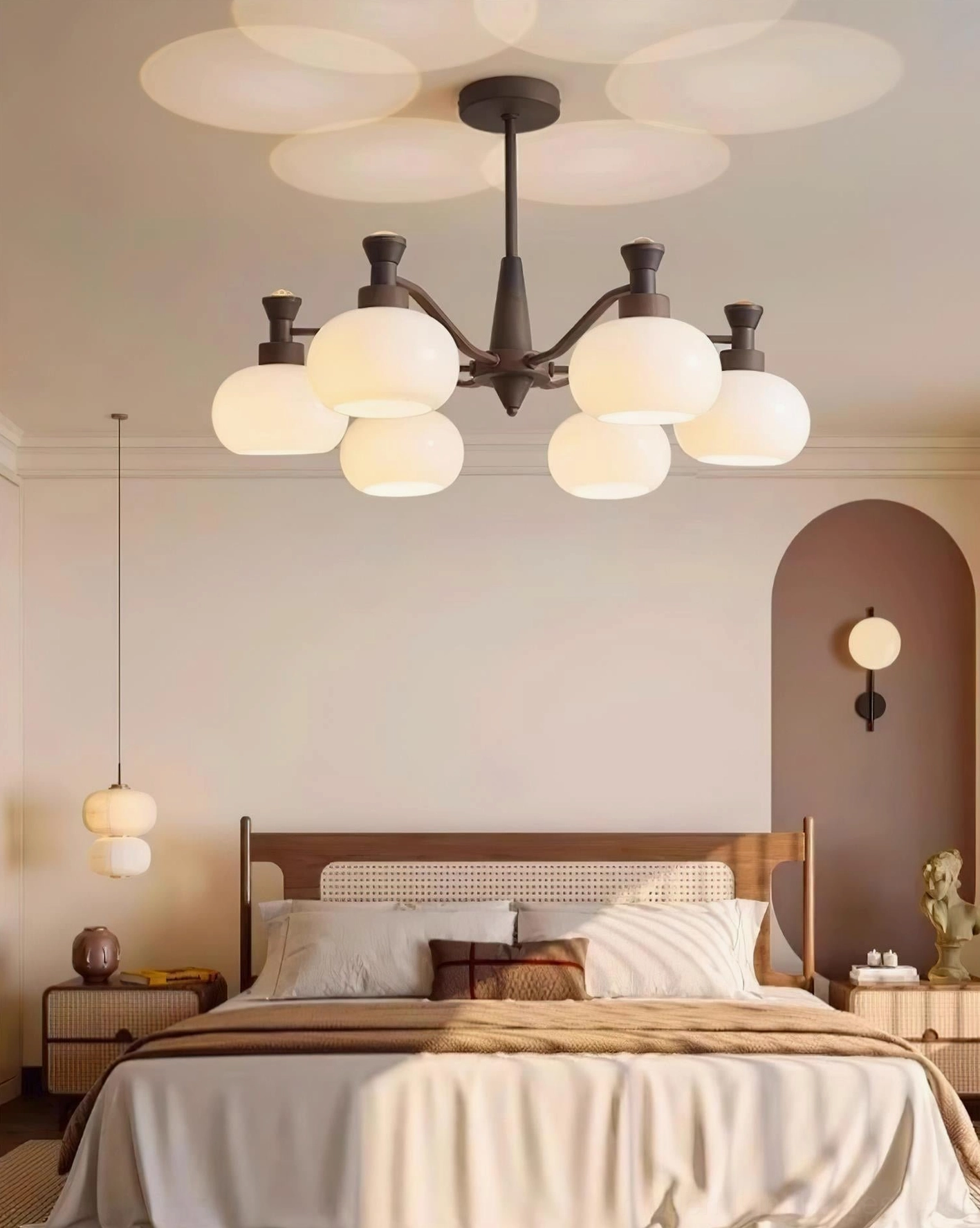 Cassia chandelier in contemporary living space with modern furnishings and neutral color palette