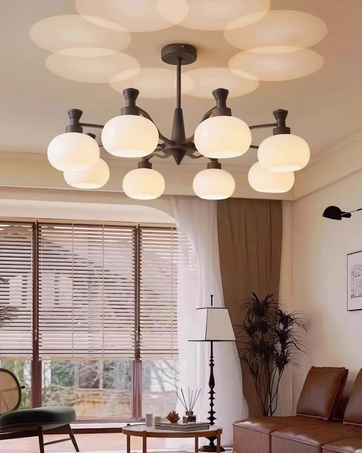 Cassia chandelier opal glass shade close-up showing frosted finish and light diffusion properties