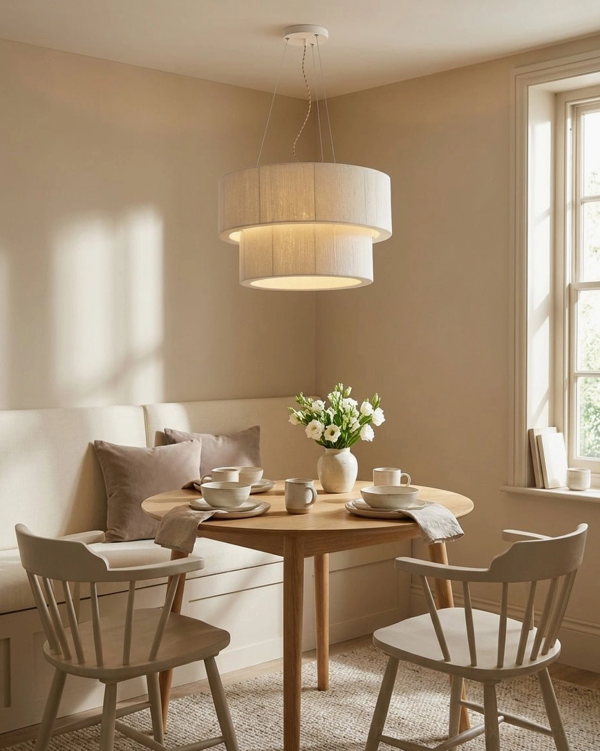 Two-tier fabric drum pendant light in casual breakfast nook with wooden dining table and built-in bench seating, ambient glow