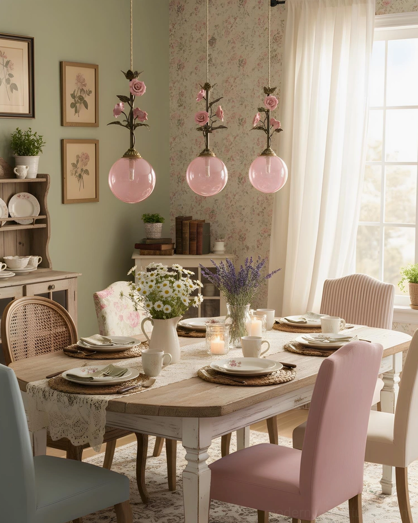 Multiple floral pendant lamps in casual family dining room with botanical wall art