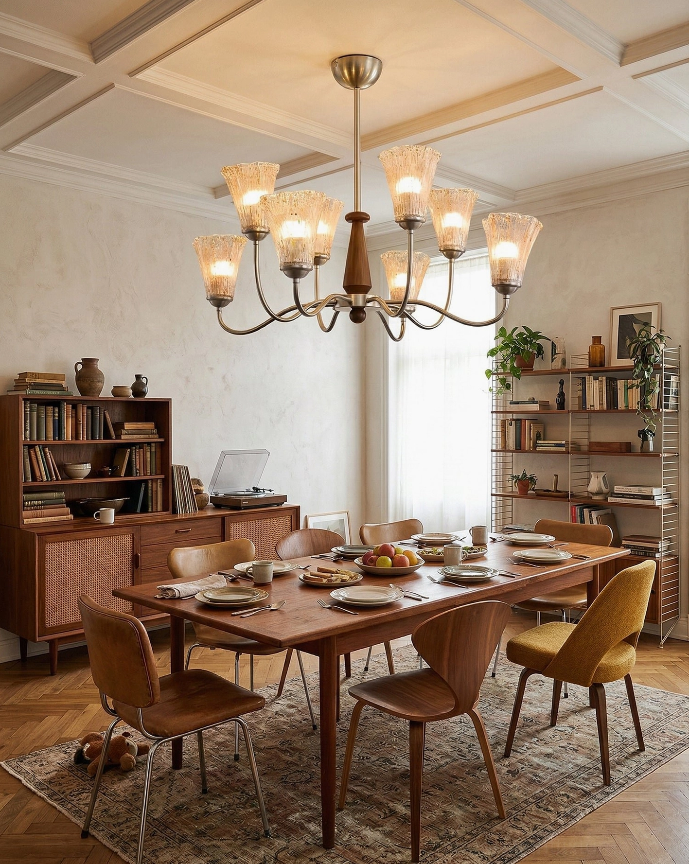 Casual Mid-Century Modern Dining Area Chandelier - Warm Lighting Over Coordinated Wood Furniture