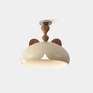 Modern cat ear ceiling light fixture with cream glossy dome shade and wooden cat ears - front studio view