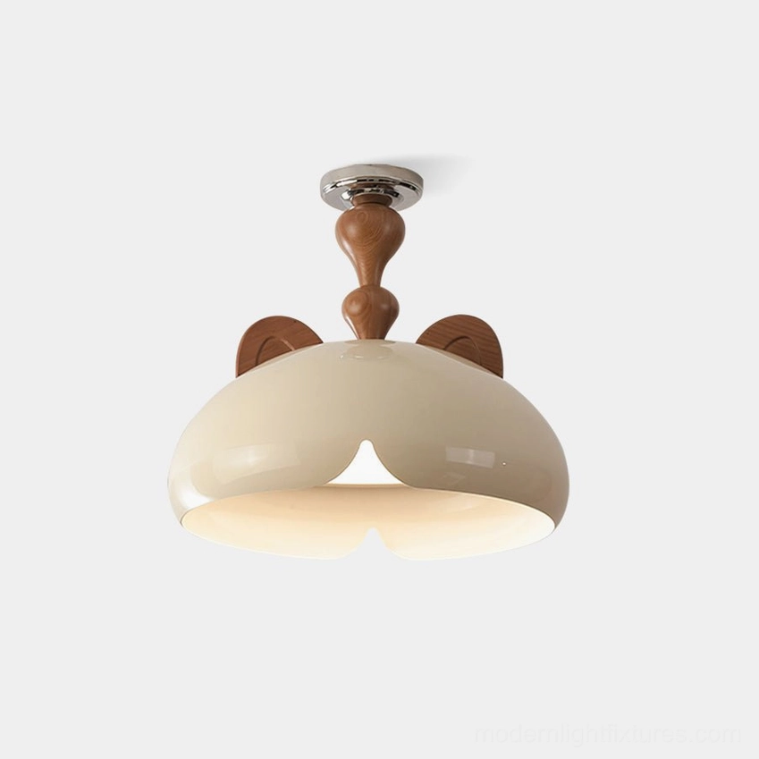 Modern cat ear ceiling light fixture with cream glossy dome shade and wooden cat ears - front studio view