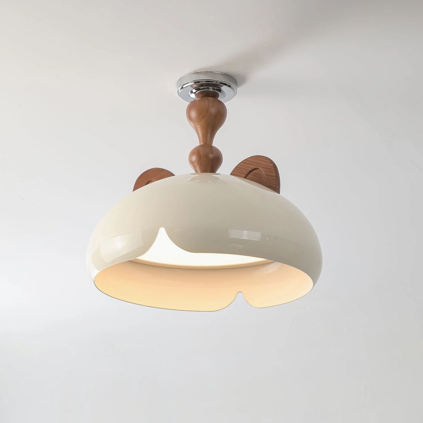 Cat ear ceiling light in Walnut Color and Beige finish variant - warm wood tone option