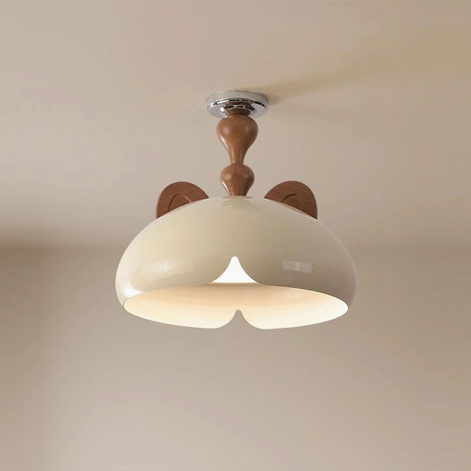 Side three-quarter angle of modern cat ear pendant light showing wooden accents and heart-shaped light outlet