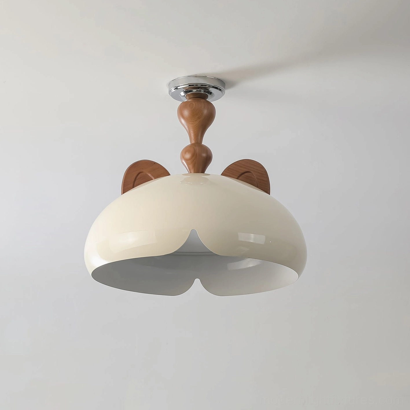 Cat ear ceiling light fixture showing wooden ear details and metal body construction