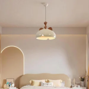Cat ear pendant lamp installed overhead in warm-toned bedroom interior, showing overhead lighting perspective