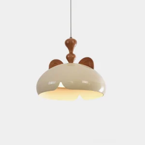 Modern cat ear pendant light with cream aluminum shade and wooden brown ear accents, front close-up studio view