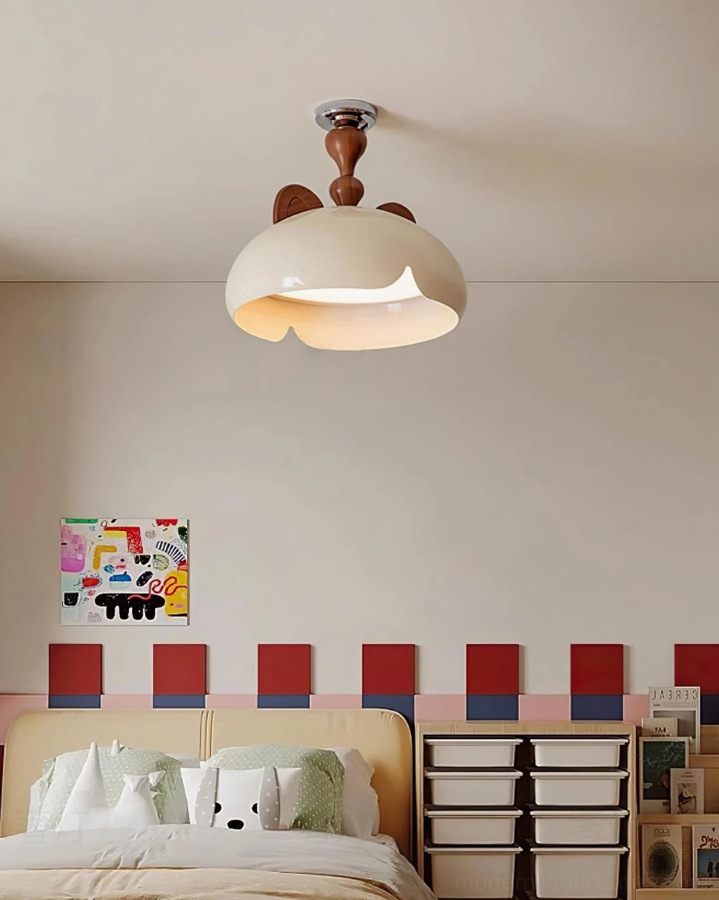 Playful modern cat ear ceiling light in kids bedroom with cartoon wall art and cozy ambient lighting