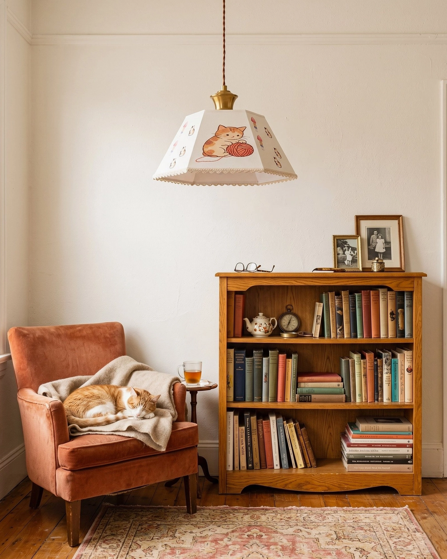 Cozy reading nook with cat print fabric pendant light beside brown armchair and wooden bookshelf