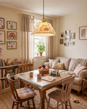 Modern cat print pendant light illuminating warm vintage dining room with wooden furniture