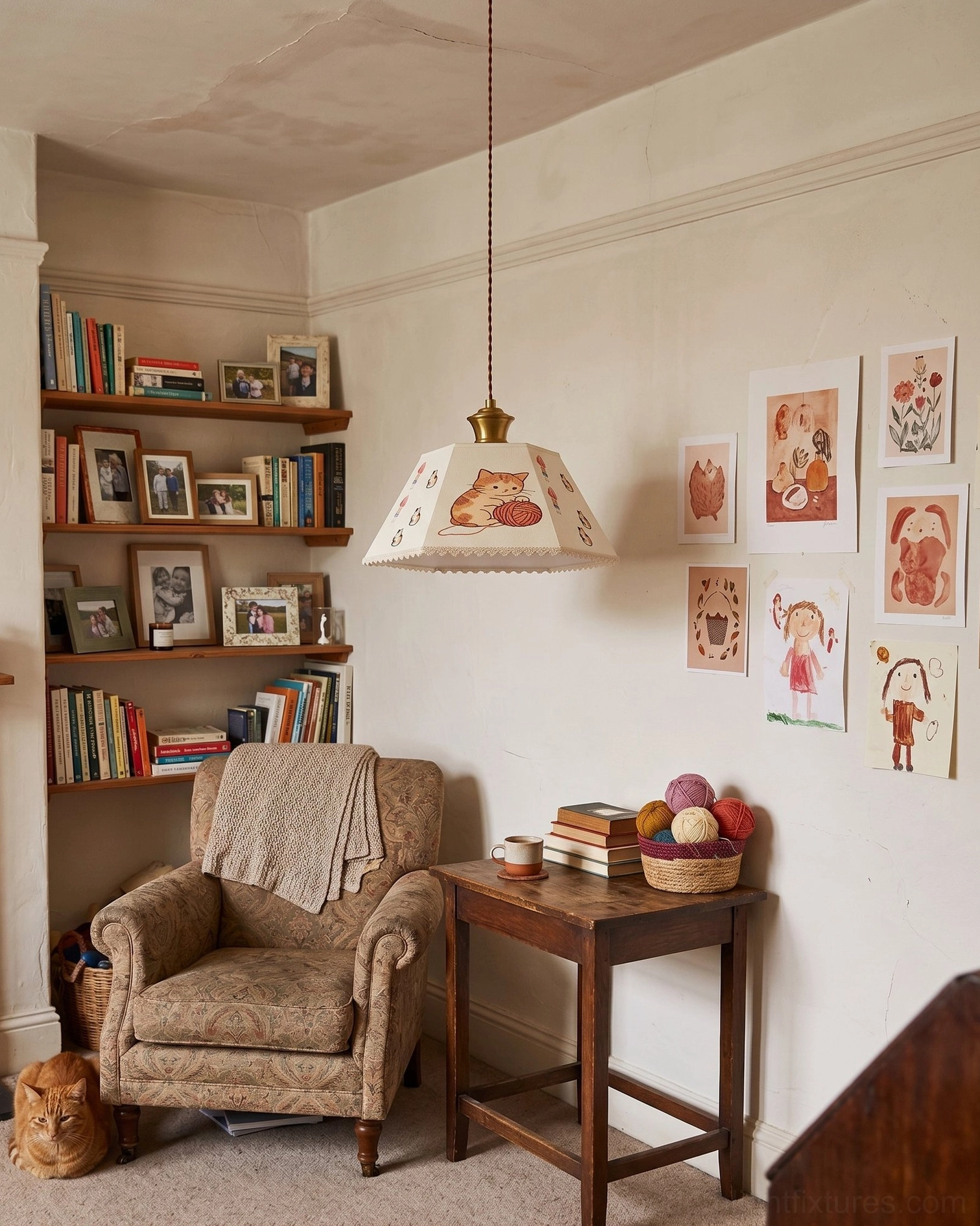 Contemporary cat print pendant light above wooden side table in modern apartment living space