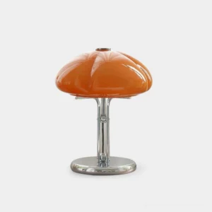 Cato retro glass table lamp with burnt orange pumpkin-ribbed shade and polished chrome base - front view