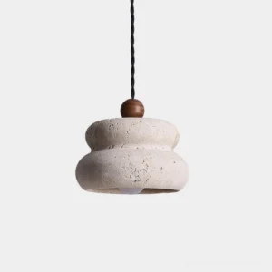 Cava travertine stack pendant light with stacked stone shade and wooden accent in walnut color, front view against white background