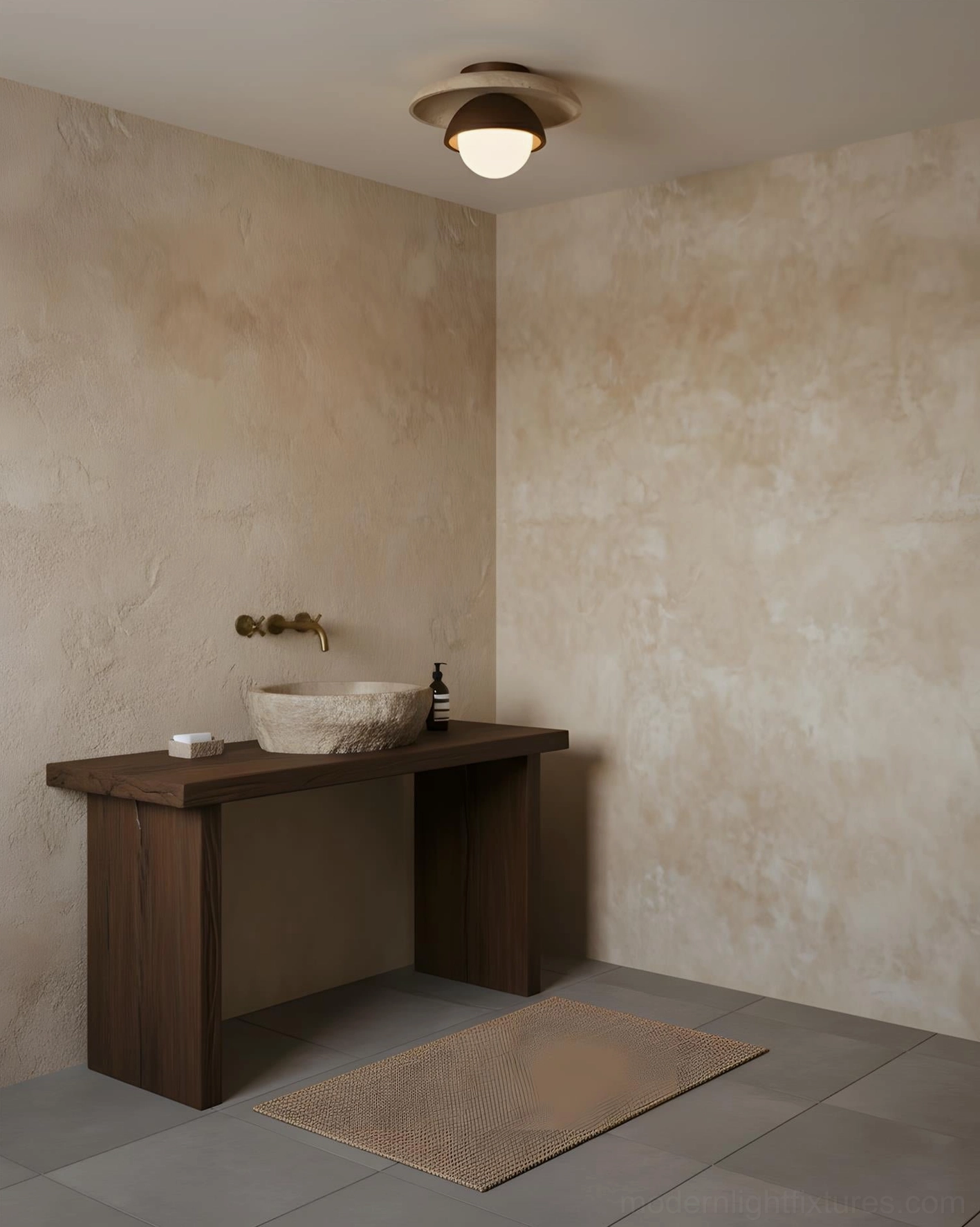 Cavara damp-rated ceiling light in minimalist bathroom vanity room, travertine and glass modern design