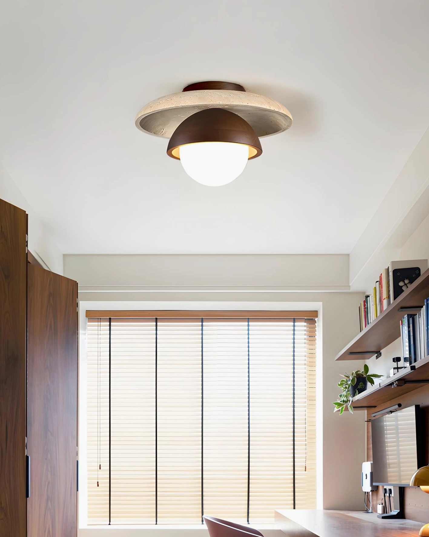 Cavara modern flush mount ceiling light in contemporary home workspace with wooden furniture, ambient warm lighting