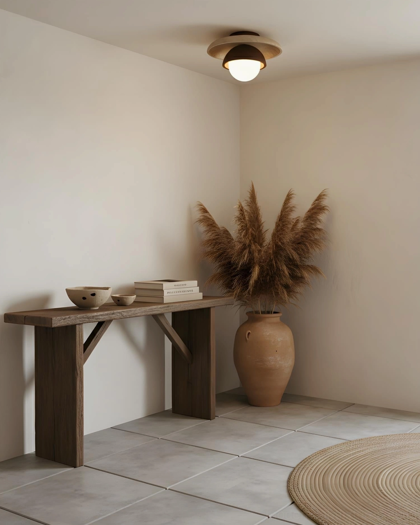 Cavara ceiling light fixture in contemporary living area with wooden console table and dried plants, warm ambient glow