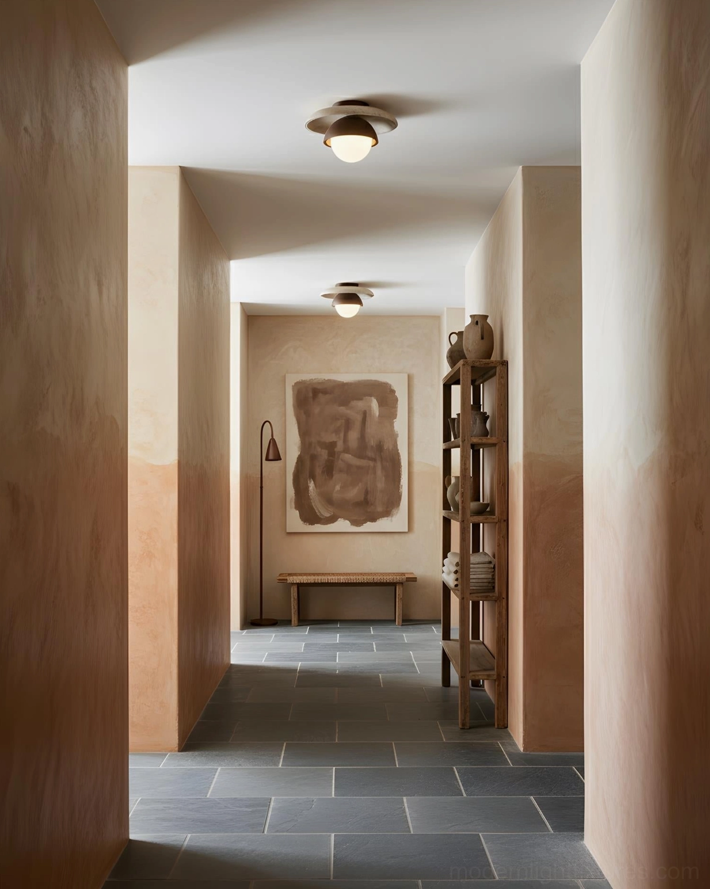 Cavara modern ceiling light in warm-toned corridor, wabi-sabi design creating cozy architectural presence