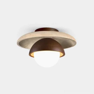 Cavara modern travertine ceiling light fixture overhead view, minimalist two-tiered design with frosted glass dome