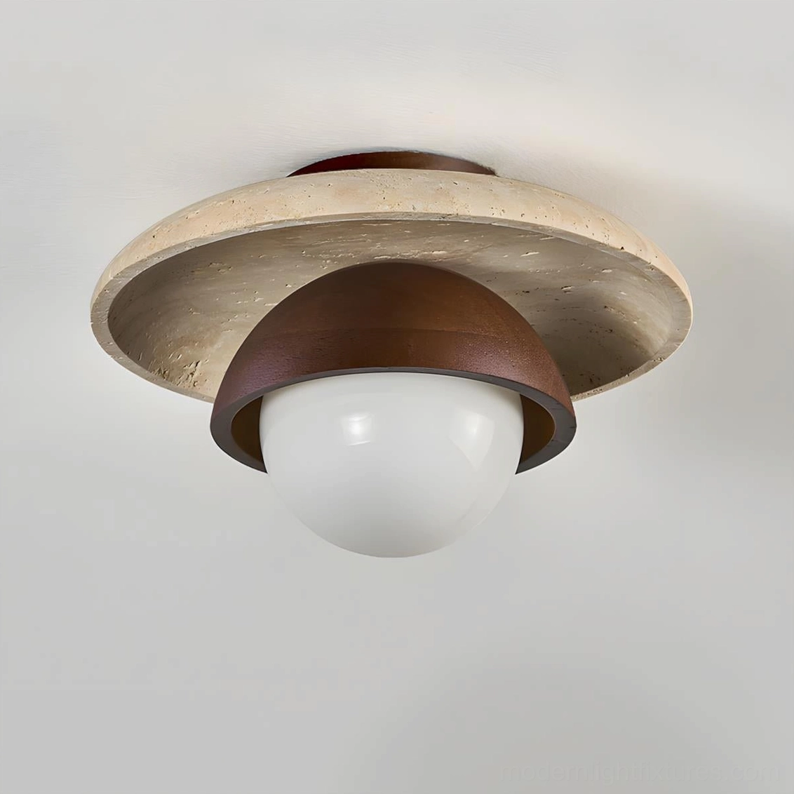Cavara ceiling light fixture mounted on ceiling, showing layered floating form and halo ambient light effect