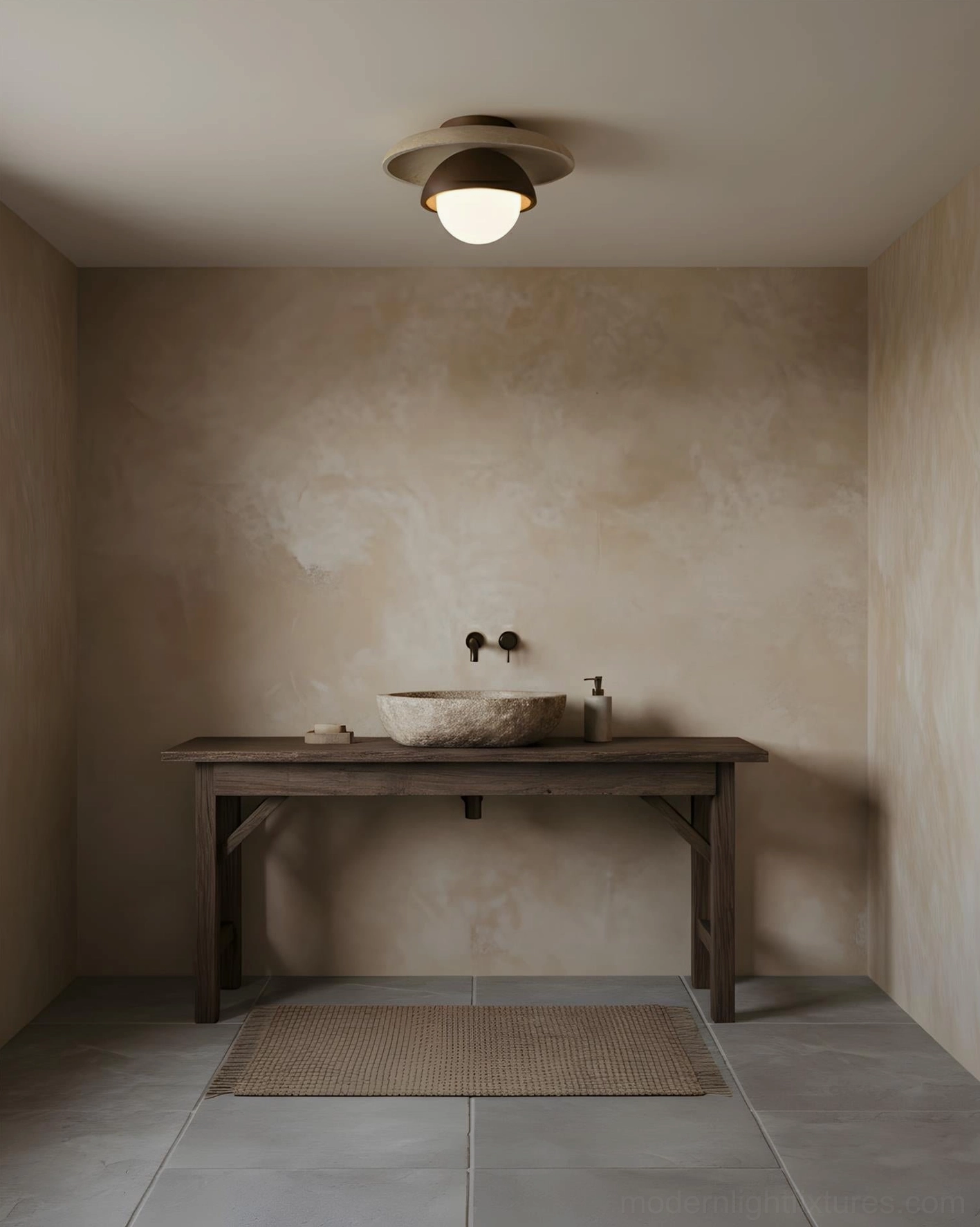 Cavara flush mount ceiling lamp in washroom with wooden vessel sink, neutral minimalist wabi-sabi interior