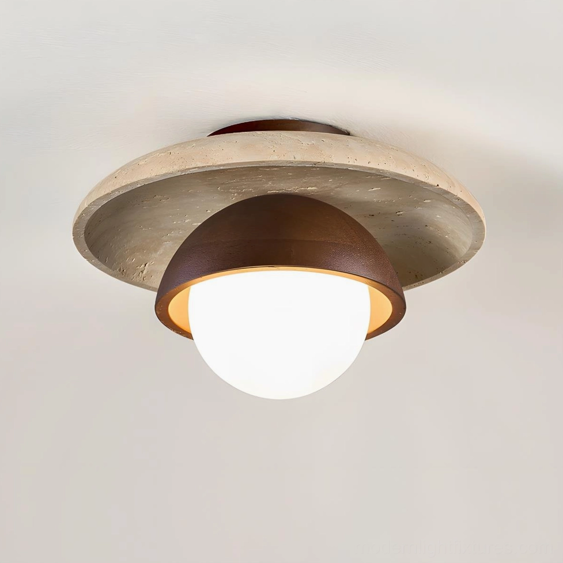 Cavara travertine ceiling light fixture detail view, natural stone texture and frosted glass dome design