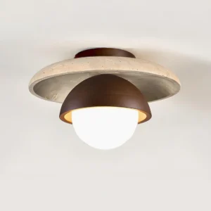 Cavara ceiling lamp in Walnut Color and Beige, angled perspective showing textured travertine ring and glass orb