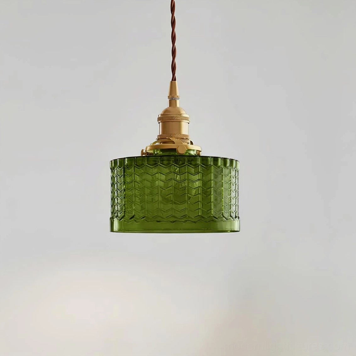 Vintage green glass pendant light with geometric pattern and brass accents - full product view