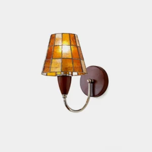 Cavero Tiffany wall sconce front view featuring textured stained glass shade and curved metal arm with wood accents