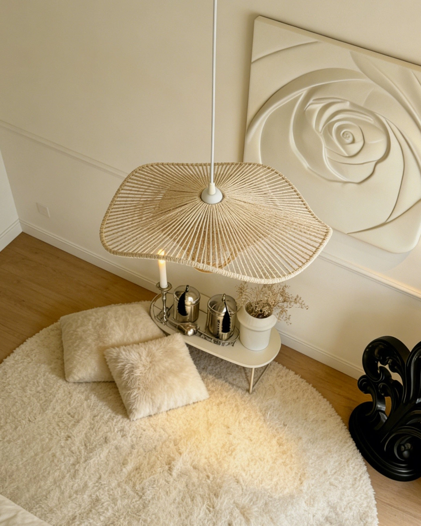 Cazira sculptural woven hemp pendant light showing wave form construction, natural beige fibers and modern minimalist design aesthetic