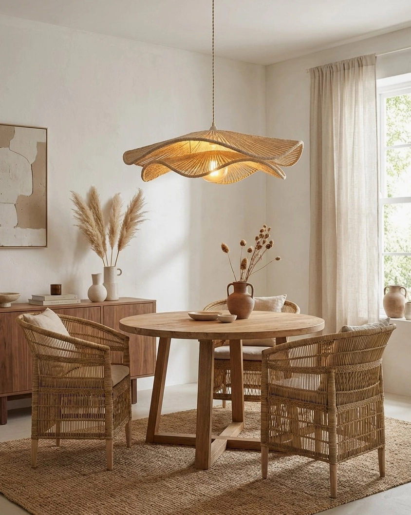 Sculptural woven pendant light above rustic wooden dining chairs, warm neutral tones, artisanal boho-contemporary home lighting