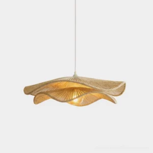 Cazira woven hemp rope pendant light with wave sculpture design, handcrafted natural beige fiber shade, modern boho pendant lighting fixture