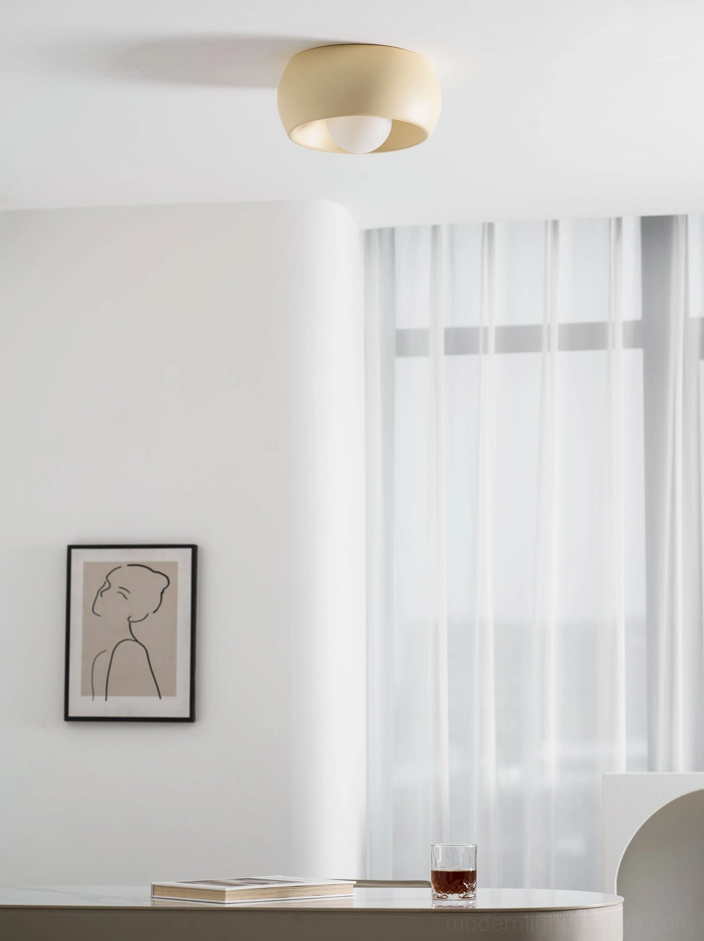 Beige finish ceiling light option providing warm neutral tone bridging Scandinavian and transitional styles