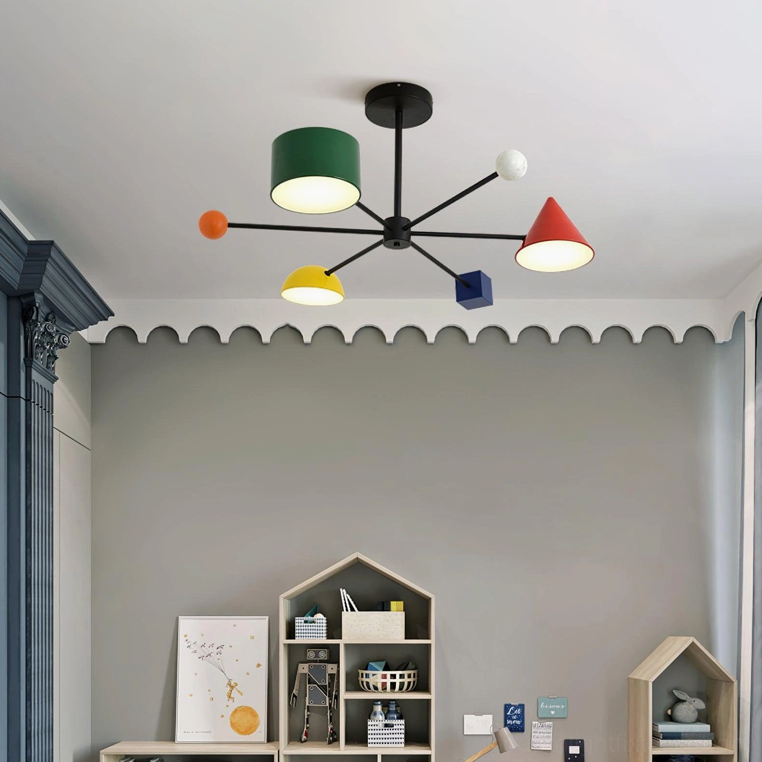 Modern geometric ceiling light fixture close-up detail showing acrylic lamp head construction and metal framework