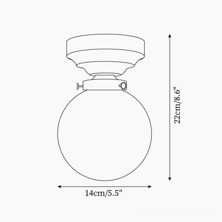 Technical dimension diagram of walnut ceiling light fixture, specifications showing 14cm diameter and 22cm height