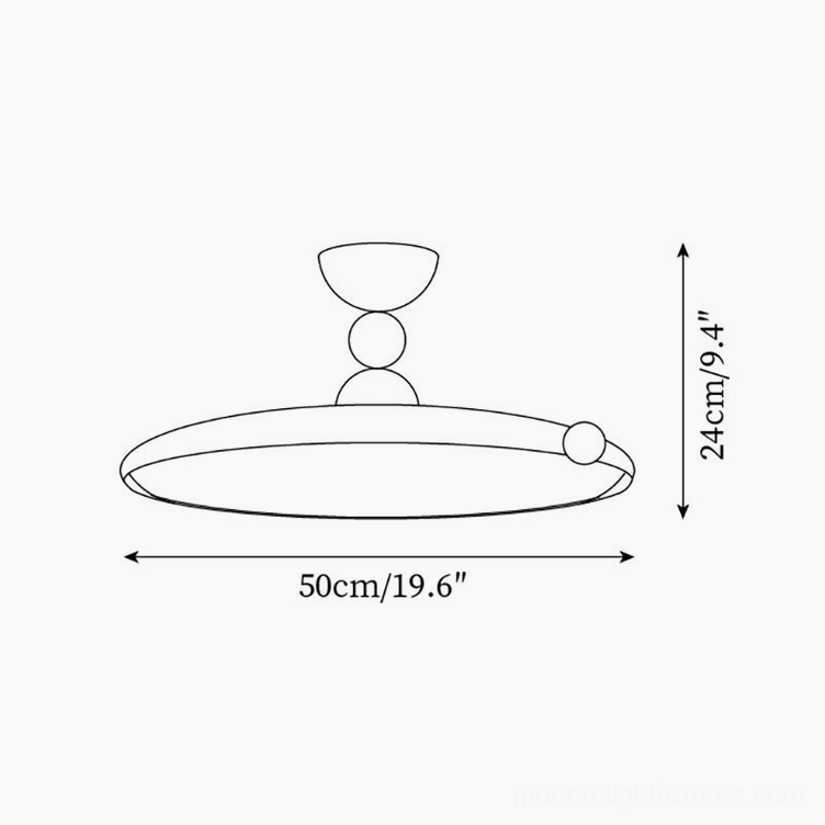 Technical orthographic dimension diagram of modern disc ceiling fixture showing 50cm width and 24cm height specifications