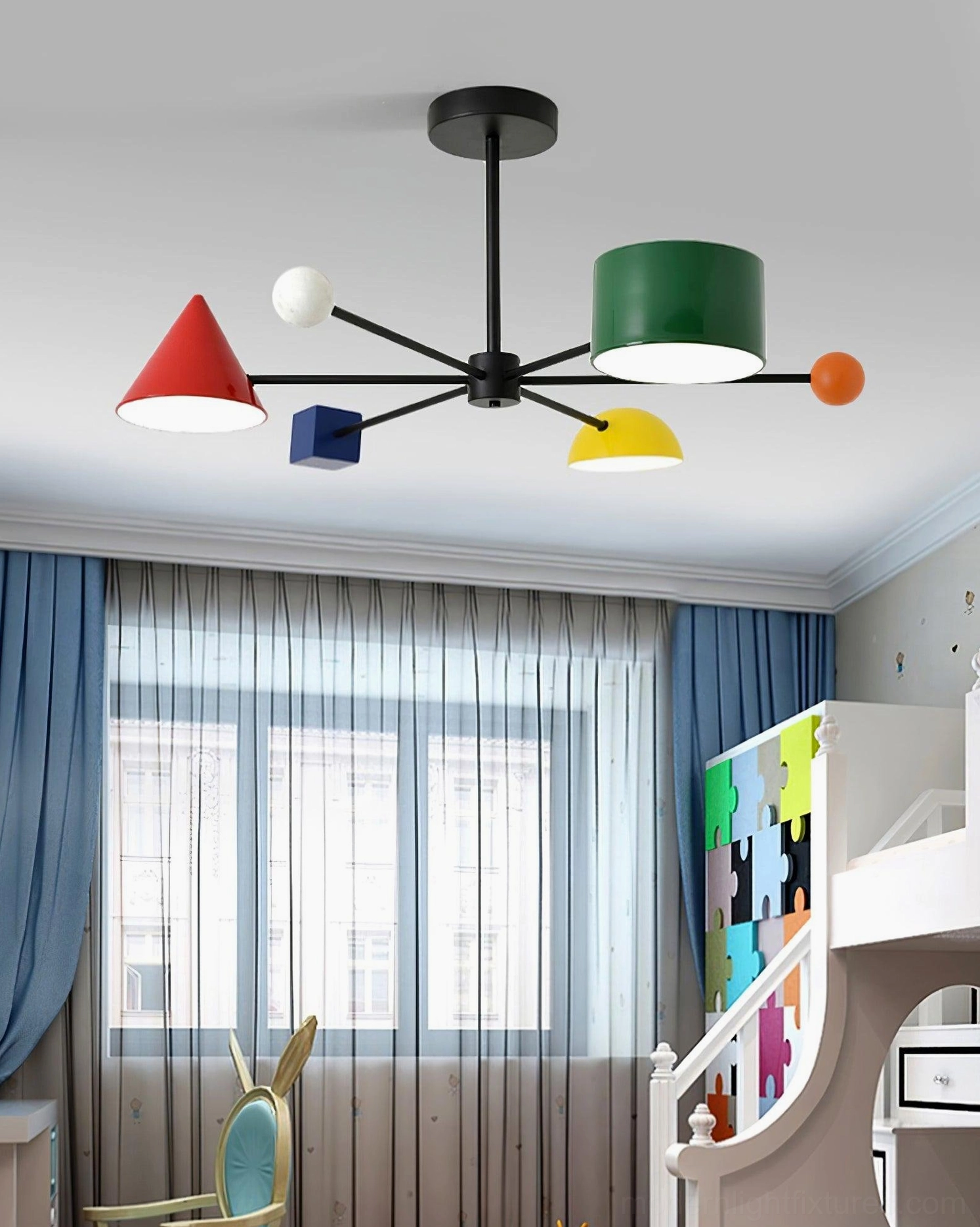 Contemporary colorful ceiling lamp showing lighting output with three-color changing functionality