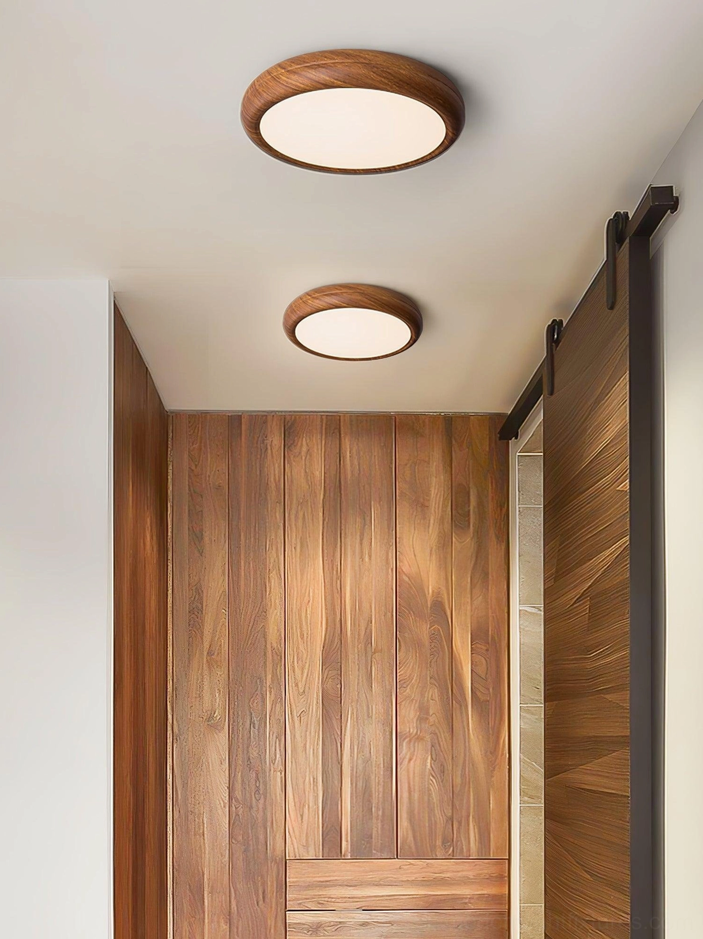 Walnut wood grain round ceiling light fixture mounted on standard residential ceiling, installation showcase