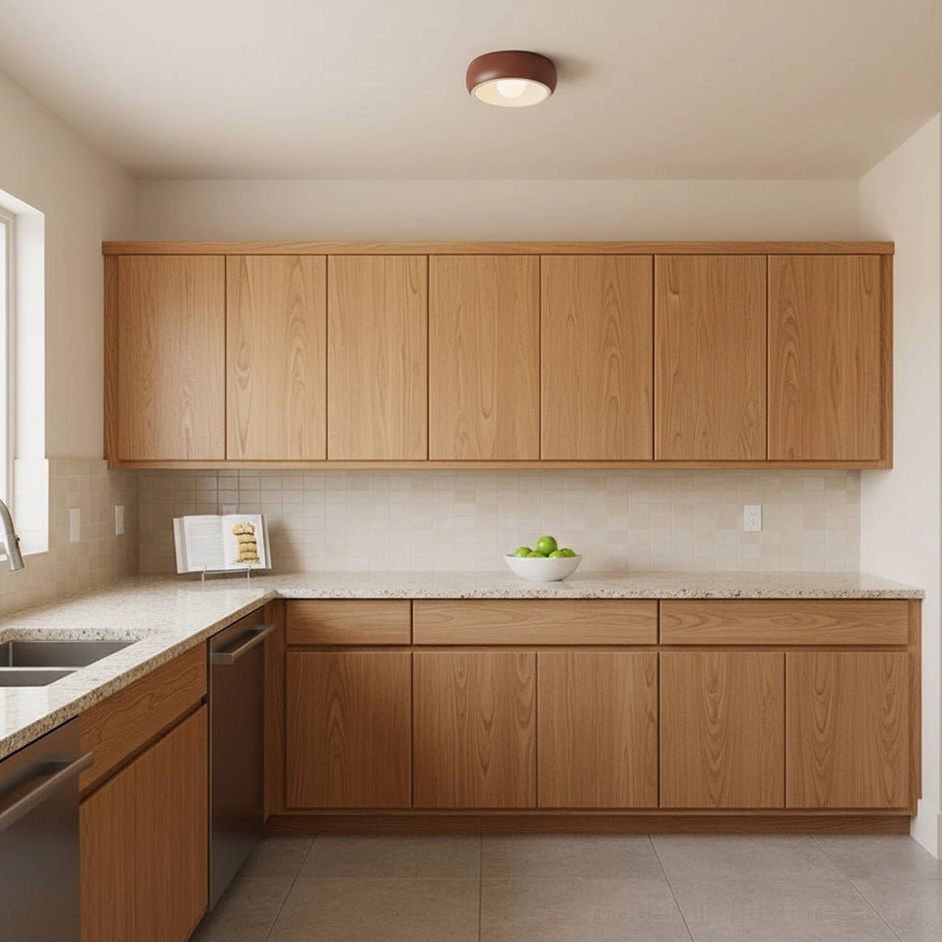 Compact ceiling light mounted above wooden kitchen cabinetry, demonstrating island counter space compatibility