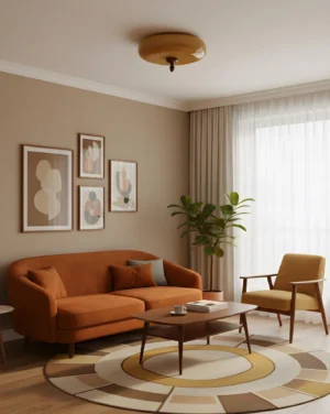 Mid-century modern amber ceiling light fixture in warm living room setting above burnt orange sofa