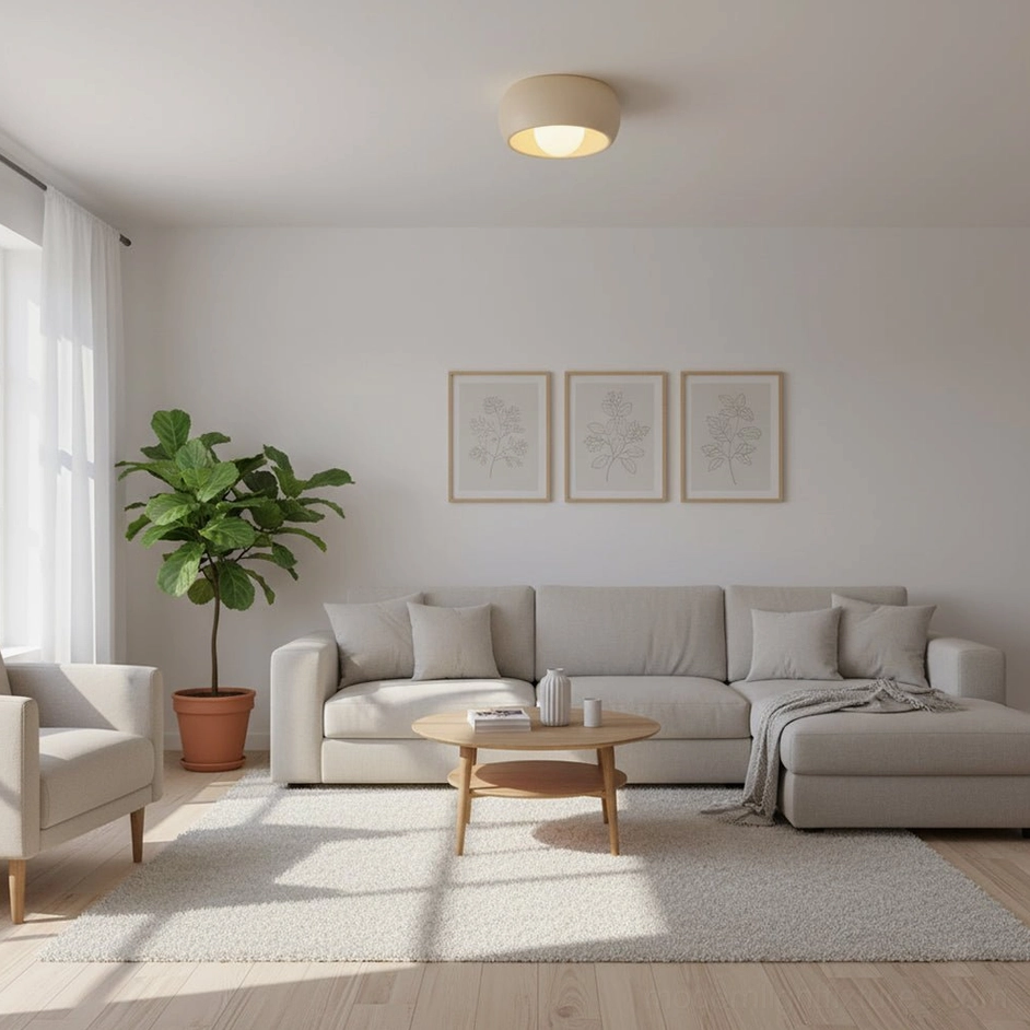 Modern minimalist living room with flush mount ceiling light providing warm ambient illumination in contemporary space