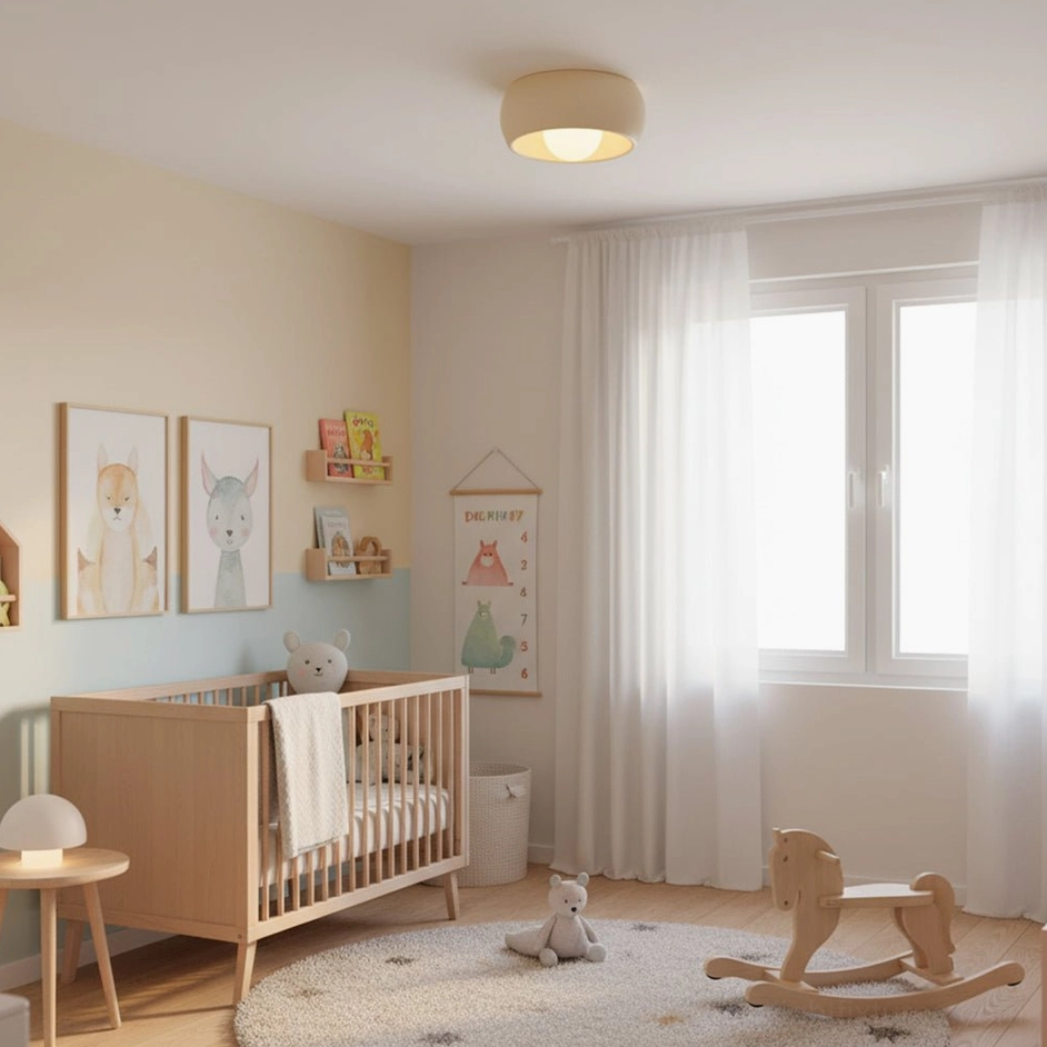Warm-toned ceiling light fixture installed in nursery bedroom, creating soft ambient glow in residential children's room