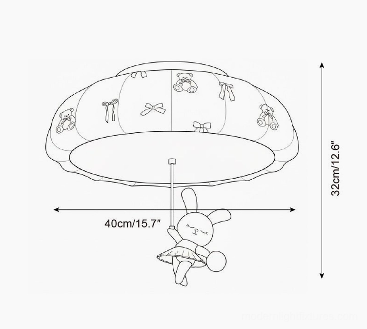 Technical schematic diagram of extended pumpkin ceiling fixture with suspended rabbit ornament, showing full drop height and proportions