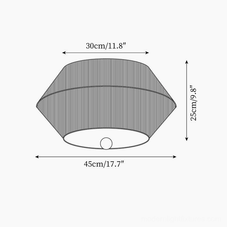 Technical schematic and dimension diagram of tapered fabric ceiling light showing 45cm diameter and 25cm height specifications