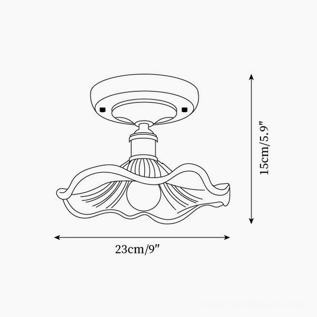 Technical schematic diagram showing dimensions 23cm diameter and 15cm height of wave-textured ceiling light