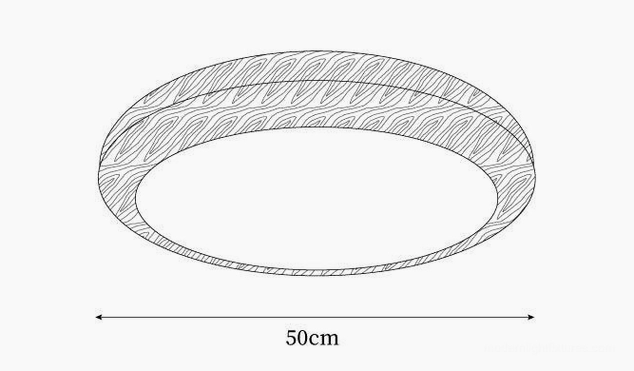 Technical schematic and orthographic drawing of 50cm diameter walnut wood grain round ceiling light, specifications