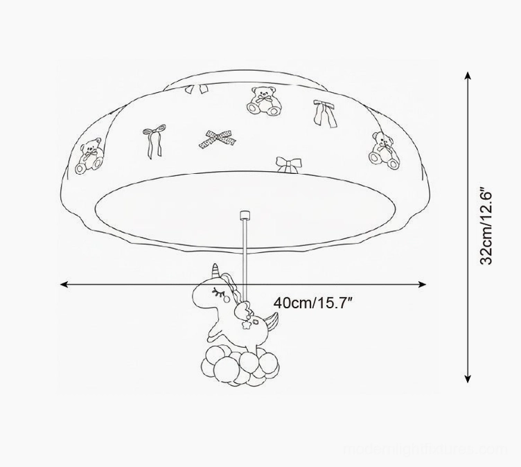 Technical orthographic drawing of pumpkin ceiling lamp with hanging cloud unicorn character, Model B/C extended drop dimensions