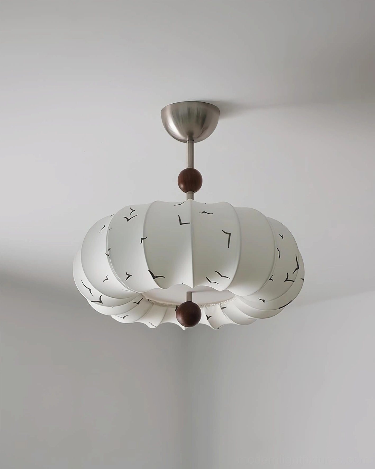 Fabric ceiling light fixture - underside front view showing bottom wood accent and inverted ribbed shade structure on white background