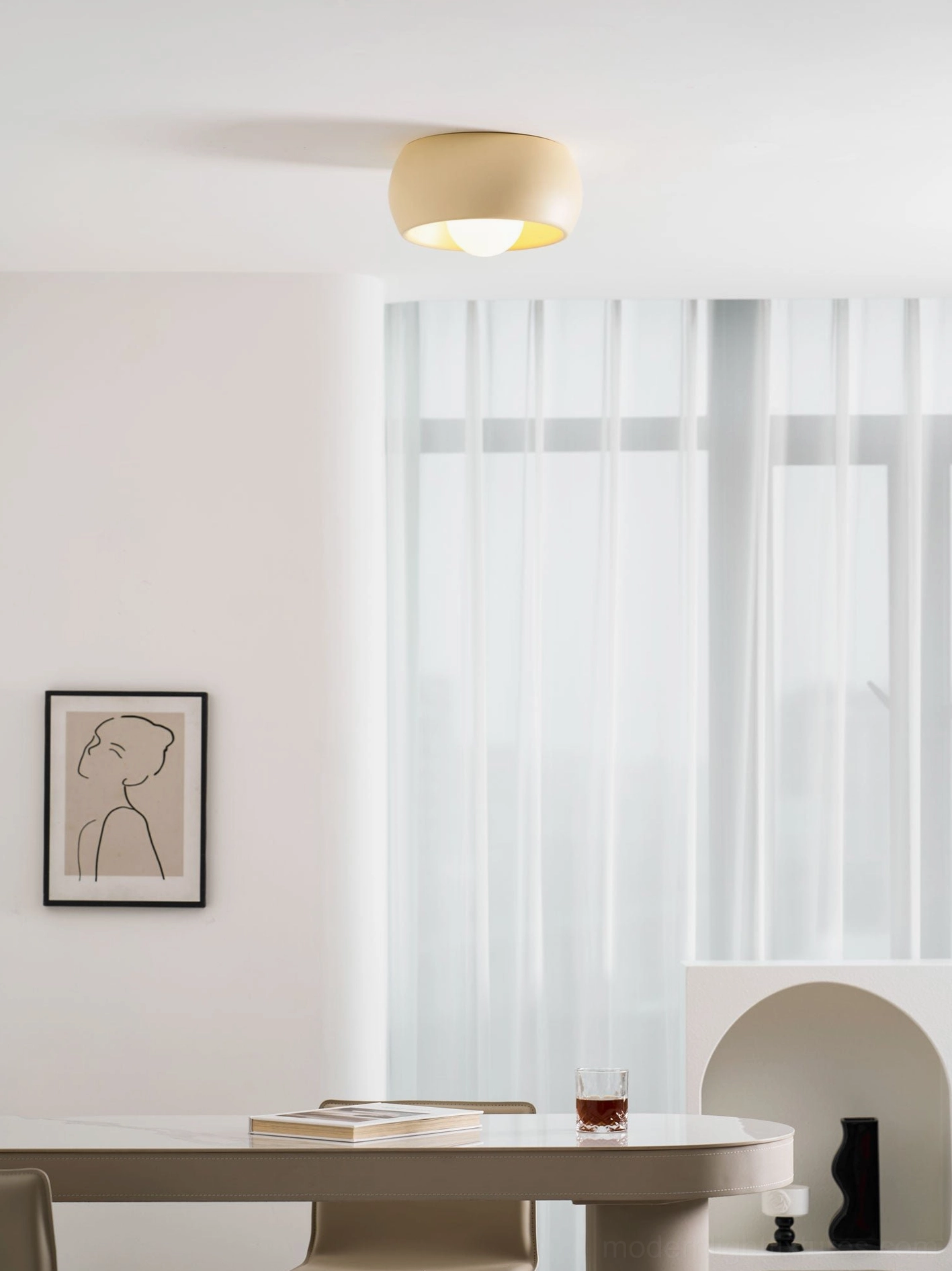 White finish ceiling light option blending seamlessly into neutral ceiling architecture